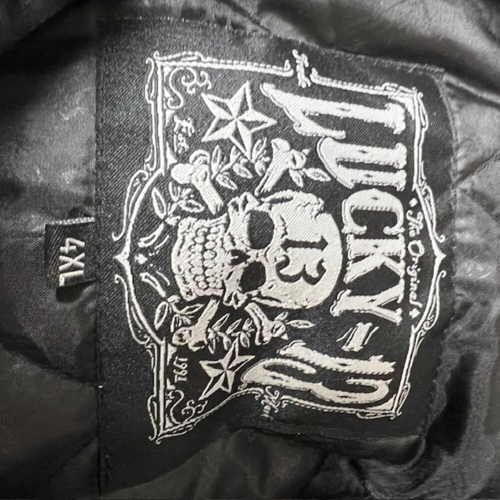 Trucker/Biker Jacket Lucky 13 Black Logo Embroidered Quilted Lined Puffer 4XL(62 - Picture 11 of 14